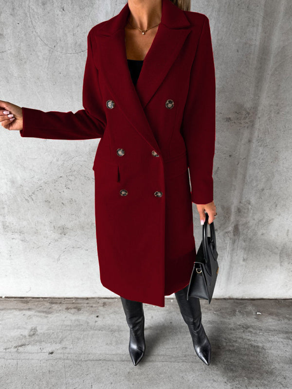 New mid-length elegant women's solid color long-sleeved double-breasted pockets - THE QUEEN RUNWAY
