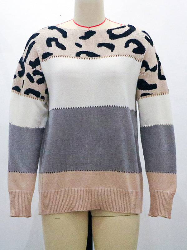 Leopard print round neck color block sweater autumn and winter new women's knitwear - THE QUEEN RUNWAY