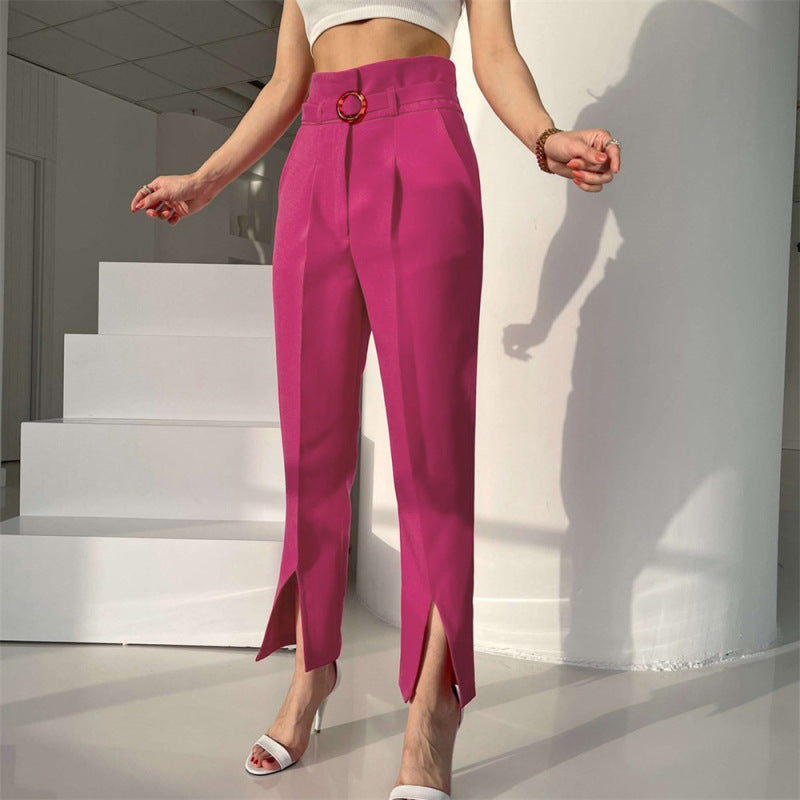 Women’s Dramatic Front Pleated Solid Color High Cut Trousers With StylTHE QUEEN RUNWAY