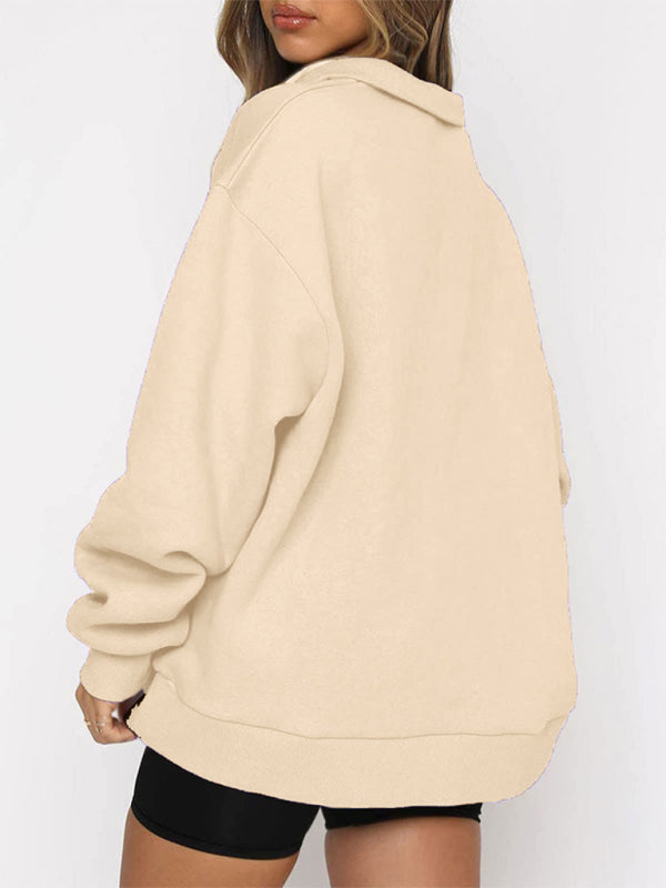 Women’s Solid Color Relaxed Zip Kangaroo Front Pocket Sweatshirt Pullover - THE QUEEN RUNWAY