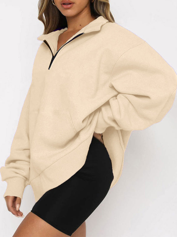 Women’s Solid Color Relaxed Zip Kangaroo Front Pocket Sweatshirt Pullover - THE QUEEN RUNWAY