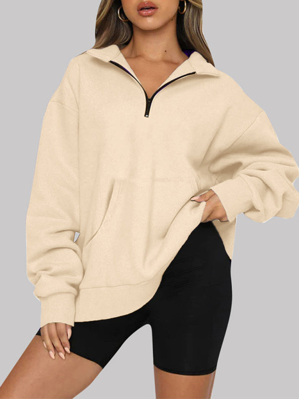 Women’s Solid Color Relaxed Zip Kangaroo Front Pocket Sweatshirt Pullover - THE QUEEN RUNWAY