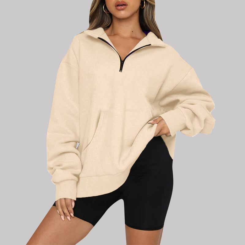 Women’s Solid Color Relaxed Zip Kangaroo Front Pocket Sweatshirt Pullover - THE QUEEN RUNWAY