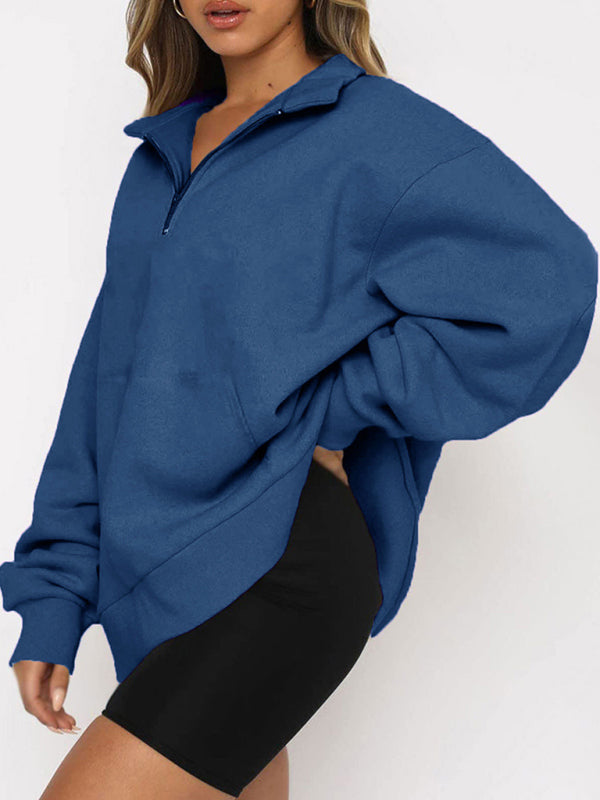 Women’s Solid Color Relaxed Zip Kangaroo Front Pocket Sweatshirt Pullover - THE QUEEN RUNWAY