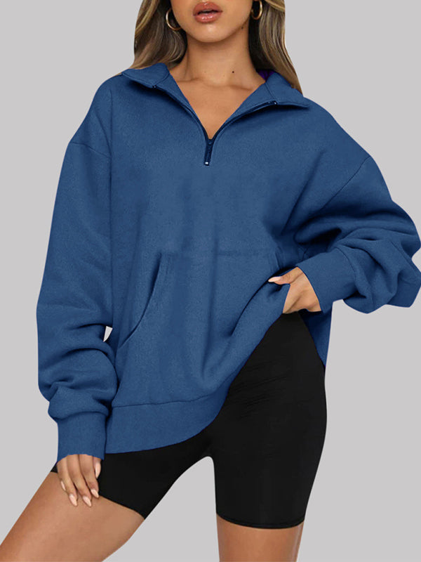 Women’s Solid Color Relaxed Zip Kangaroo Front Pocket Sweatshirt Pullover - THE QUEEN RUNWAY