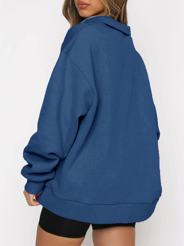 Women’s Solid Color Relaxed Zip Kangaroo Front Pocket Sweatshirt Pullover - THE QUEEN RUNWAY