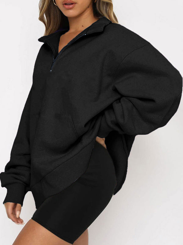 Women’s Solid Color Relaxed Zip Kangaroo Front Pocket Sweatshirt Pullover - THE QUEEN RUNWAY