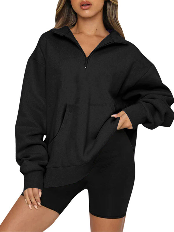 Women’s Solid Color Relaxed Zip Kangaroo Front Pocket Sweatshirt Pullover - THE QUEEN RUNWAY