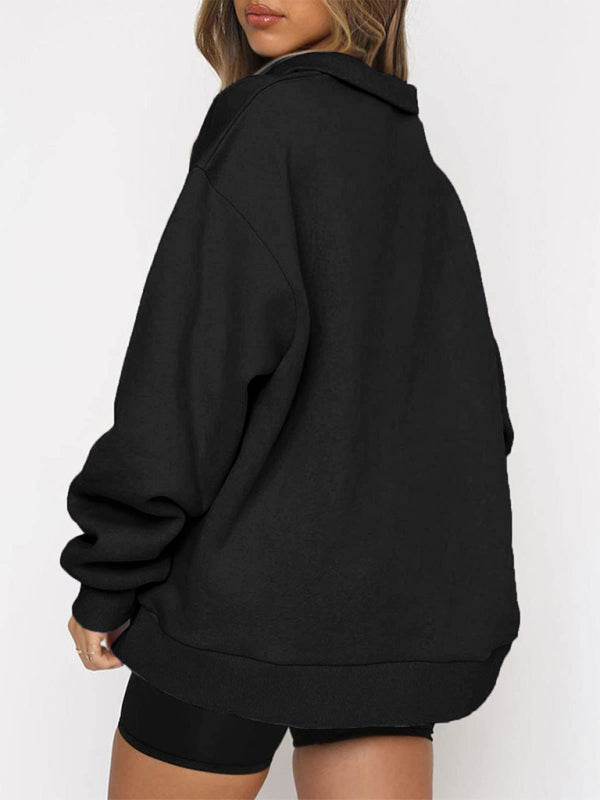 Women’s Solid Color Relaxed Zip Kangaroo Front Pocket Sweatshirt Pullover - THE QUEEN RUNWAY