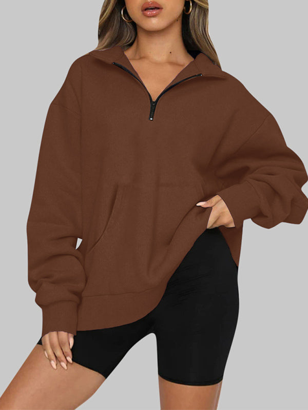 Women’s Solid Color Relaxed Zip Kangaroo Front Pocket Sweatshirt Pullover - THE QUEEN RUNWAY