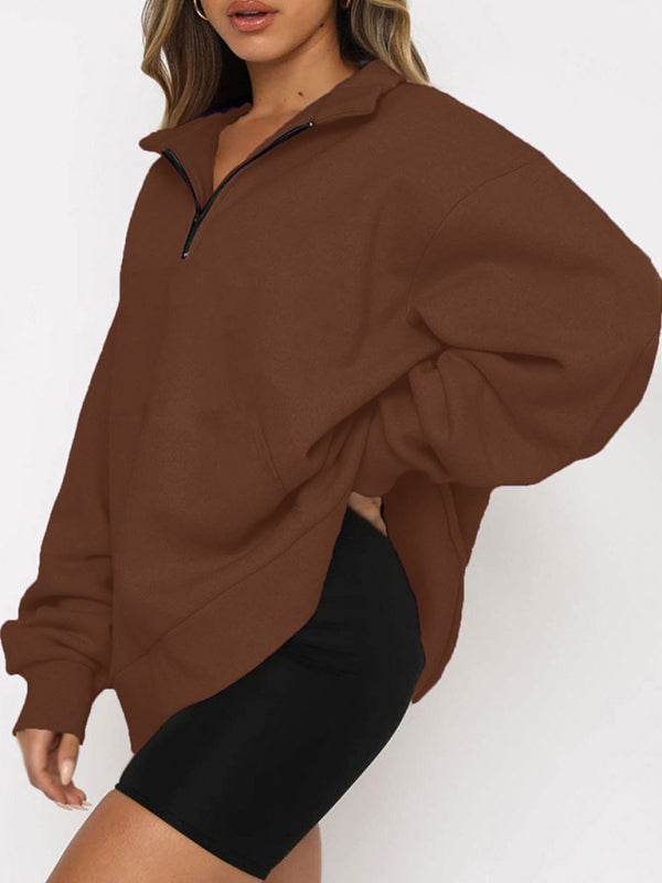 Women’s Solid Color Relaxed Zip Kangaroo Front Pocket Sweatshirt Pullover - THE QUEEN RUNWAY