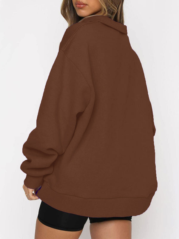 Women’s Solid Color Relaxed Zip Kangaroo Front Pocket Sweatshirt Pullover - THE QUEEN RUNWAY