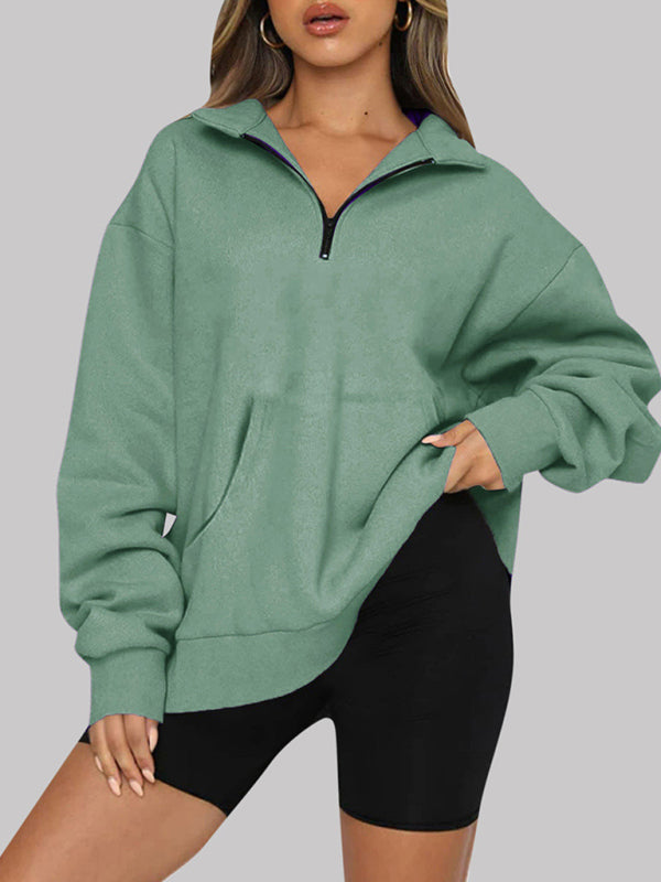 Women’s Solid Color Relaxed Zip Kangaroo Front Pocket Sweatshirt Pullover - THE QUEEN RUNWAY