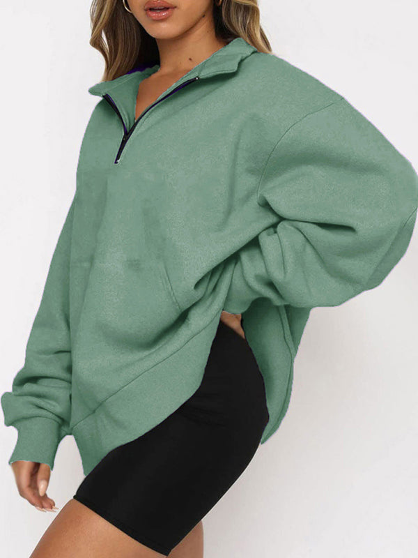 Women’s Solid Color Relaxed Zip Kangaroo Front Pocket Sweatshirt Pullover - THE QUEEN RUNWAY