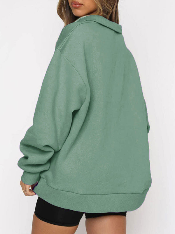 Women’s Solid Color Relaxed Zip Kangaroo Front Pocket Sweatshirt Pullover - THE QUEEN RUNWAY