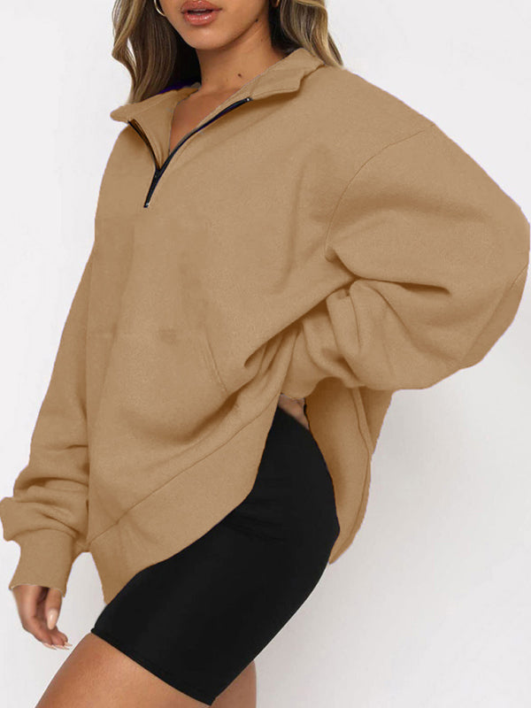 Women’s Solid Color Relaxed Zip Kangaroo Front Pocket Sweatshirt Pullover - THE QUEEN RUNWAY