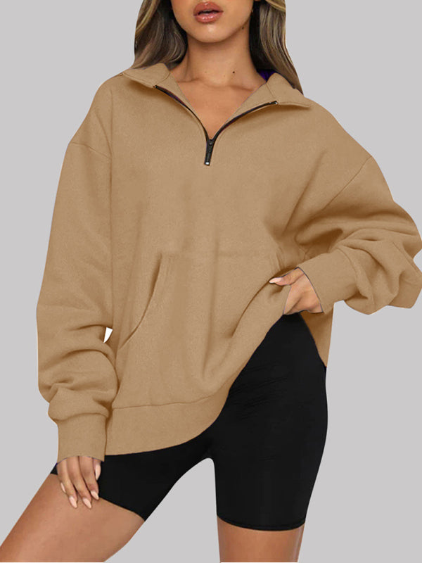Women’s Solid Color Relaxed Zip Kangaroo Front Pocket Sweatshirt Pullover - THE QUEEN RUNWAY