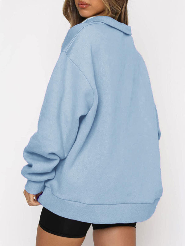 Women’s Solid Color Relaxed Zip Kangaroo Front Pocket Sweatshirt Pullover - THE QUEEN RUNWAY