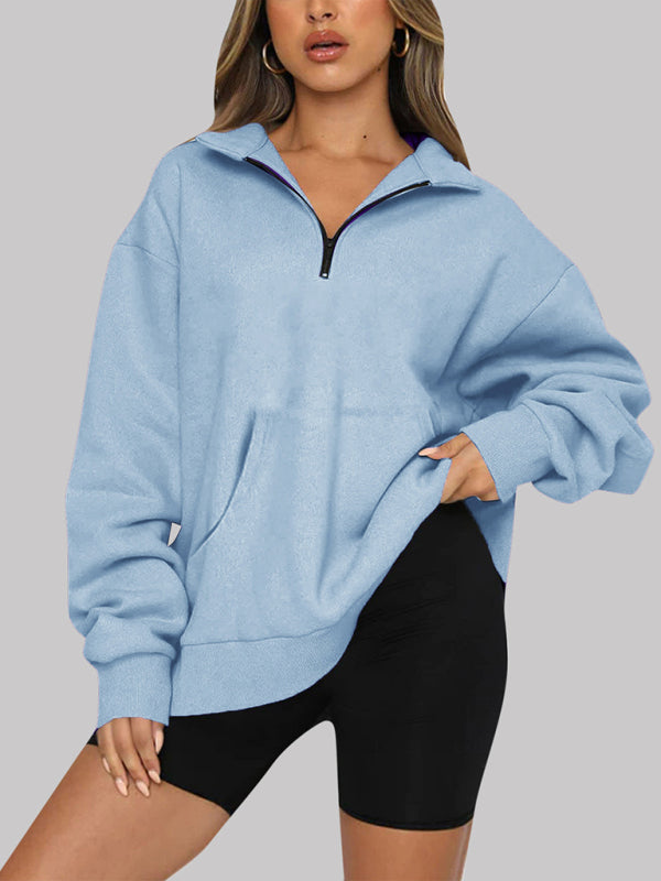 Women’s Solid Color Relaxed Zip Kangaroo Front Pocket Sweatshirt Pullover - THE QUEEN RUNWAY