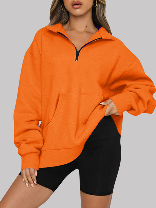Women’s Solid Color Relaxed Zip Kangaroo Front Pocket Sweatshirt Pullover - THE QUEEN RUNWAY