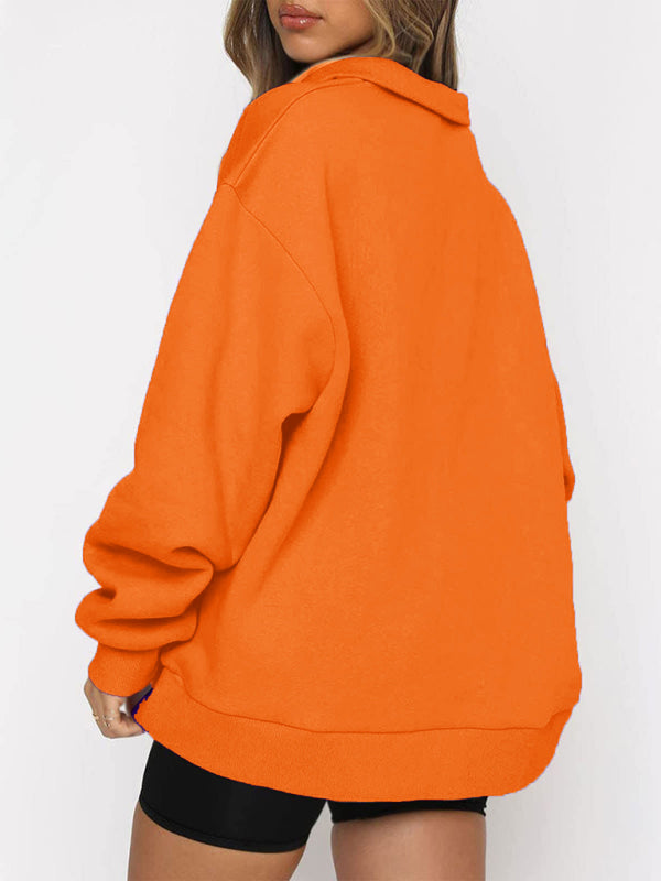 Women’s Solid Color Relaxed Zip Kangaroo Front Pocket Sweatshirt Pullover - THE QUEEN RUNWAY