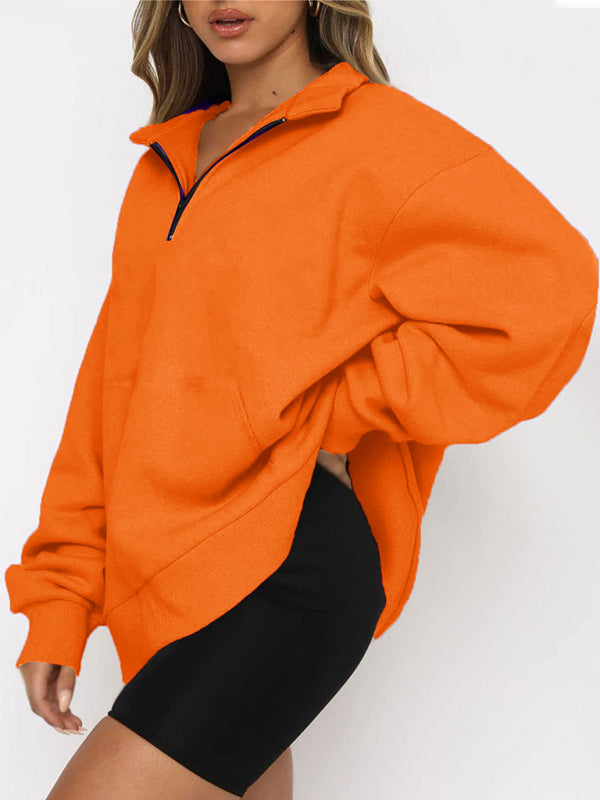 Women’s Solid Color Relaxed Zip Kangaroo Front Pocket Sweatshirt Pullover - THE QUEEN RUNWAY