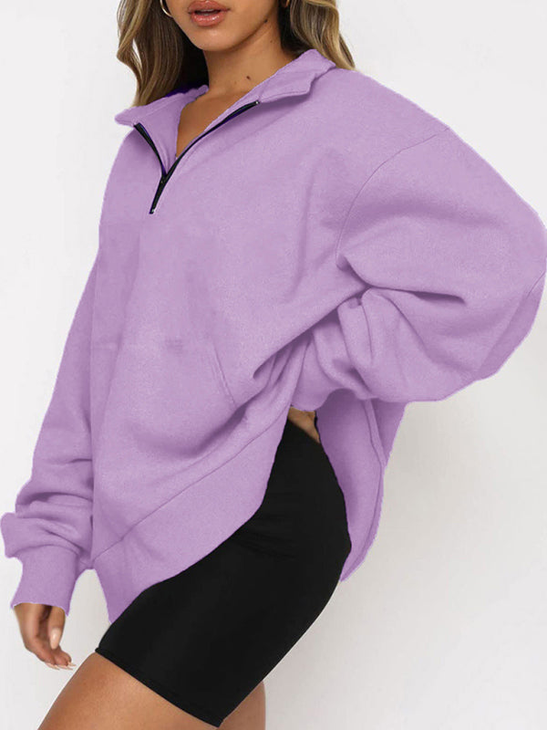 Women’s Solid Color Relaxed Zip Kangaroo Front Pocket Sweatshirt Pullover - THE QUEEN RUNWAY