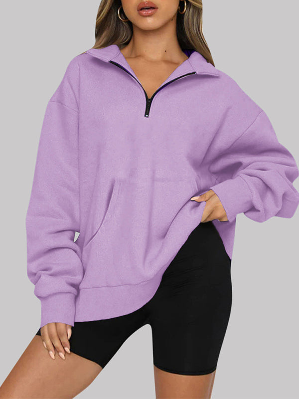 Women’s Solid Color Relaxed Zip Kangaroo Front Pocket Sweatshirt Pullover - THE QUEEN RUNWAY