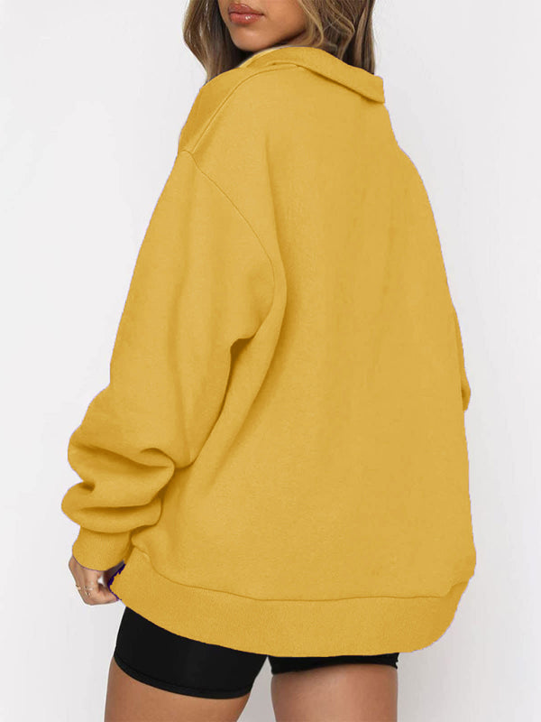 Women’s Solid Color Relaxed Zip Kangaroo Front Pocket Sweatshirt Pullover - THE QUEEN RUNWAY