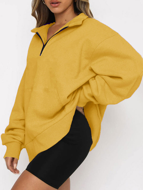 Women’s Solid Color Relaxed Zip Kangaroo Front Pocket Sweatshirt Pullover - THE QUEEN RUNWAY