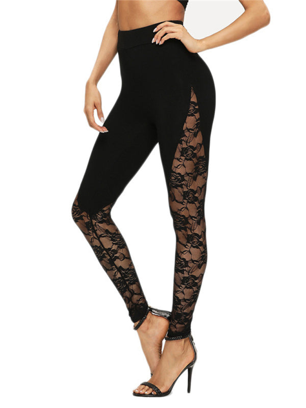Women’s Solid Color Lace Panel Stirrup LeggingsTHE QUEEN RUNWAY