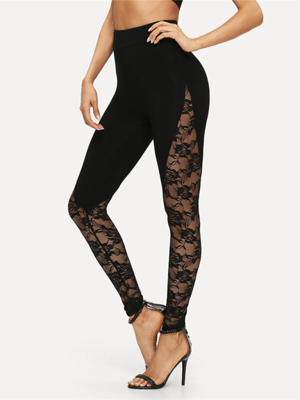 Women’s Solid Color Lace Panel Stirrup LeggingsTHE QUEEN RUNWAY