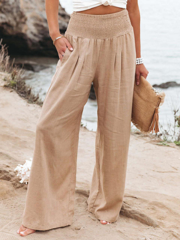 Women's Solid Color Smocked Waist Side-seam Pockets Wide Leg PantsTHE QUEEN RUNWAY