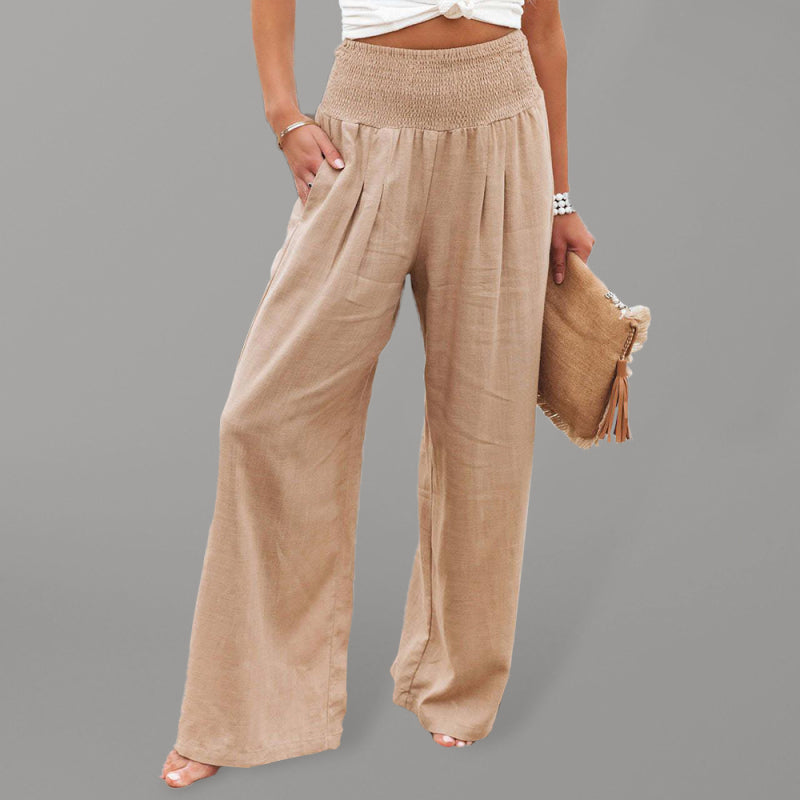 Women's Solid Color Smocked Waist Side-seam Pockets Wide Leg PantsTHE QUEEN RUNWAY