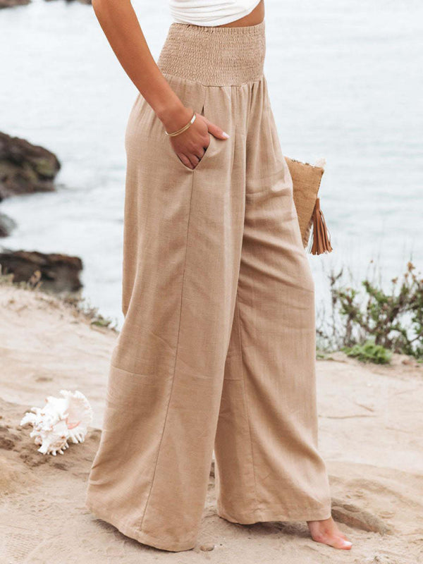 Women's Solid Color Smocked Waist Side-seam Pockets Wide Leg PantsTHE QUEEN RUNWAY