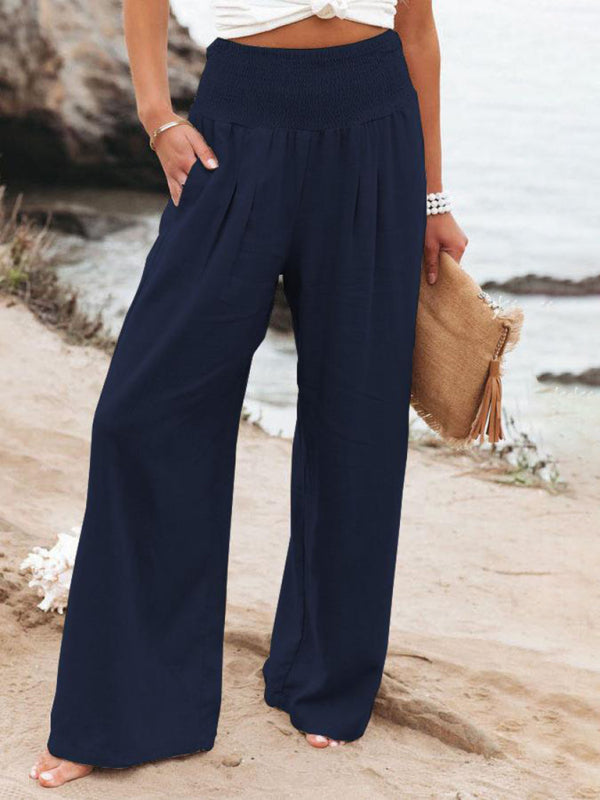 Women's Solid Color Smocked Waist Side-seam Pockets Wide Leg PantsTHE QUEEN RUNWAY