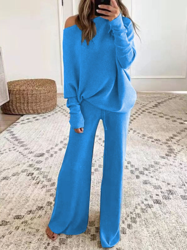 Women's Solid Color Off The Shoulder Ribbed Wide Legs Pants Sweater SeTHE QUEEN RUNWAY