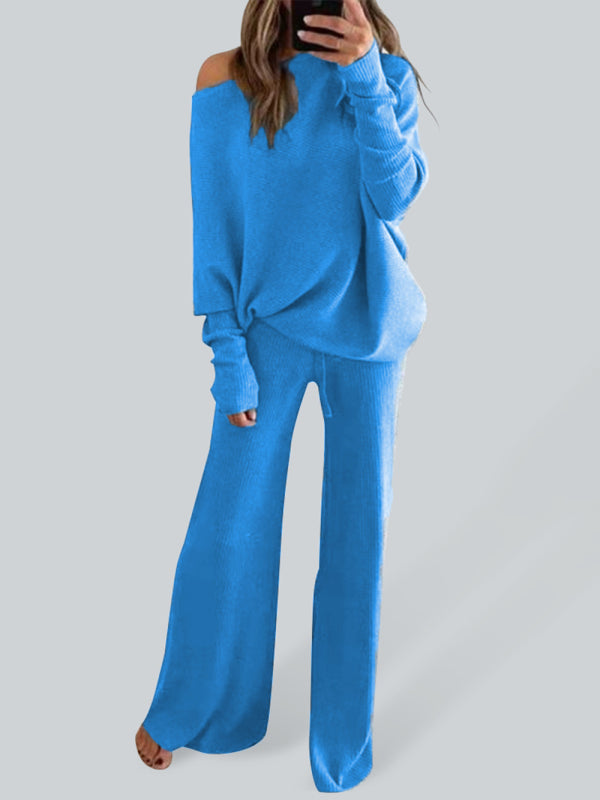Women's Solid Color Off The Shoulder Ribbed Wide Legs Pants Sweater SeTHE QUEEN RUNWAY
