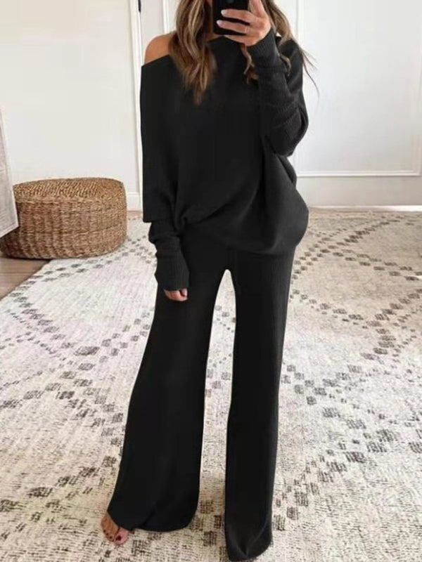Women's Solid Color Off The Shoulder Ribbed Wide Legs Pants Sweater SeTHE QUEEN RUNWAY