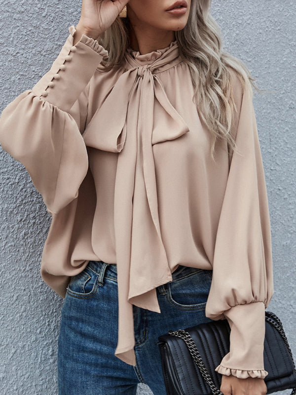 Women's Solid Color Puff Sleeve Bow Tie BlouseTHE QUEEN RUNWAY