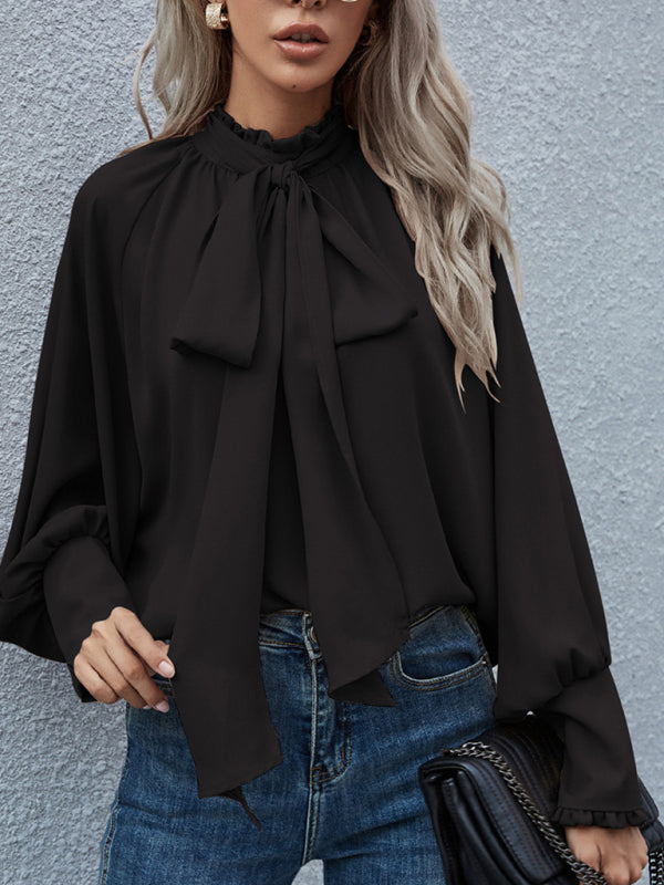 Women's Solid Color Puff Sleeve Bow Tie BlouseTHE QUEEN RUNWAY