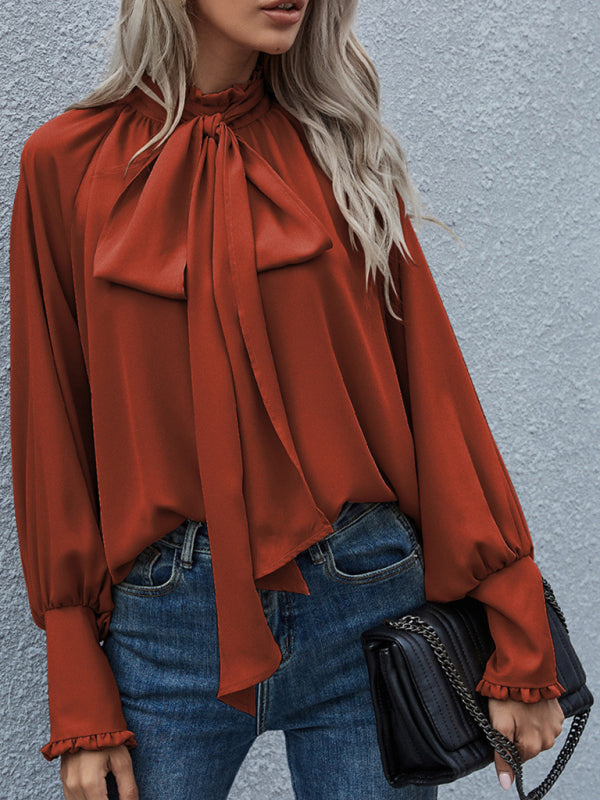 Women's Solid Color Puff Sleeve Bow Tie BlouseTHE QUEEN RUNWAY