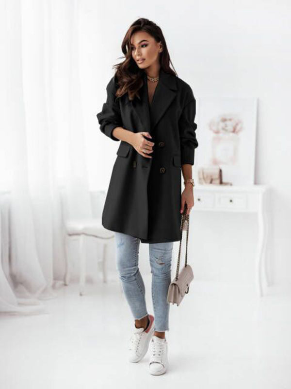 Women's Double-breasted Solid-color Wool Coat - THE QUEEN RUNWAY