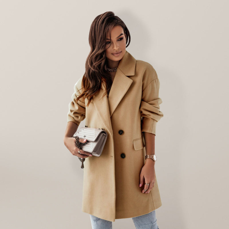 Women's Double-breasted Solid-color Wool Coat - THE QUEEN RUNWAY