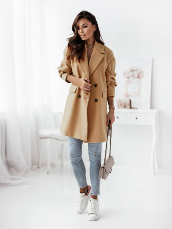 Women's Double-breasted Solid-color Wool Coat - THE QUEEN RUNWAY
