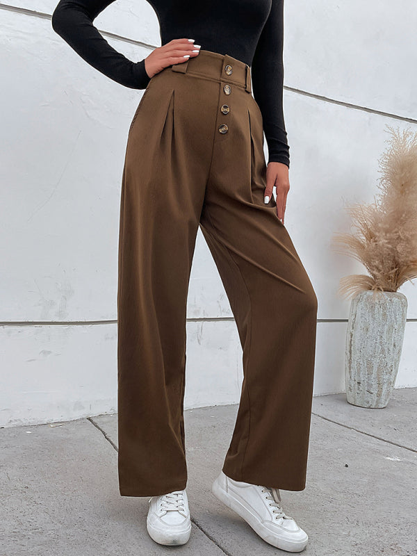 Women's Solid Color High Waist Button Fly Wide Leg TrousersTHE QUEEN RUNWAY