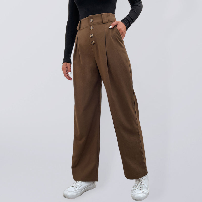 Women's Solid Color High Waist Button Fly Wide Leg TrousersTHE QUEEN RUNWAY