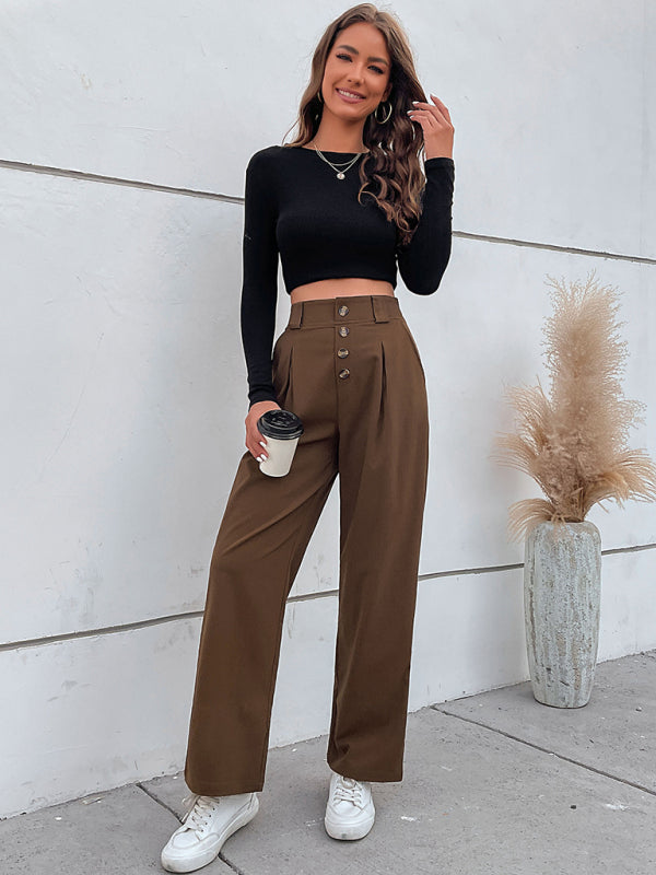 Women's Solid Color High Waist Button Fly Wide Leg TrousersTHE QUEEN RUNWAY