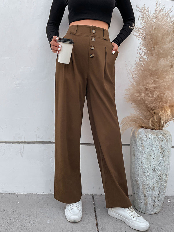 Women's Solid Color High Waist Button Fly Wide Leg TrousersTHE QUEEN RUNWAY