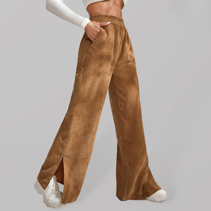 Women's Solid Color Elastic Waistband Corduroy Wide Leg Slit TrousersTHE QUEEN RUNWAY